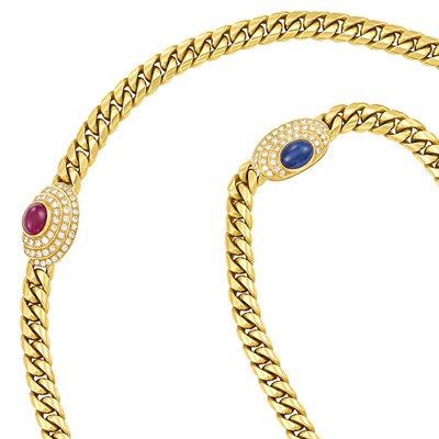 Lot 310 - Long Gold, Diamond and Gem-Set Curb Link Necklace