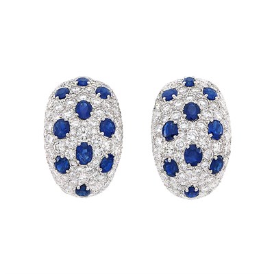 Lot 355 - Pair of Platinum, Diamond and Sapphire Bombé Earclips, David Webb