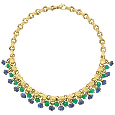 Lot 293 - Gold, Fluted Emerald and Sapphire Bead Fringe Necklace