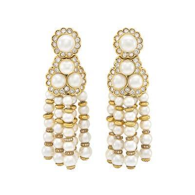 Lot 398 - Pair of Gold, Cultured Pearl and Diamond Fringe Pendant-Earrings, Giovane