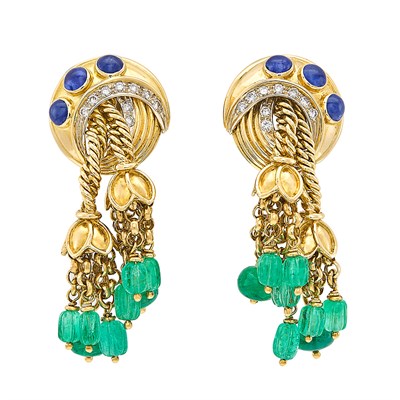 Lot 294 - Pair of Gold, Cabochon Sapphire, Diamond and Emerald Bead Fringe Pendant-Earclips