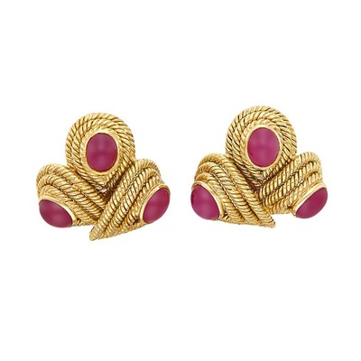 Lot 320 - Pair of Gold and Cabochon Ruby Earclips