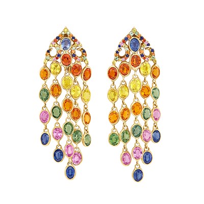 Lot 53 - Pair of Gold and Multicolored 'Mosaic' Sapphire Fringe Earclips, by Piranesi