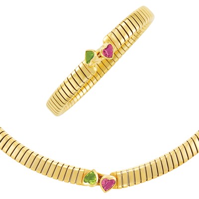 Lot 72 - Gold, Steel, Pink Tourmaline and Peridot 'Tubogas' Necklace and Bangle Bracelet, Bulgari