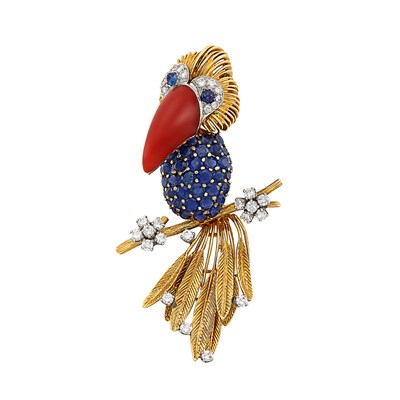 Lot 184 - Gold, Oxblood Coral, Sapphire and Diamond Toucan Clip-Brooch, Tiffany & Co.