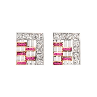 Lot 258 - Pair of Platinum, Rose Gold, Diamond and Ruby Clips
