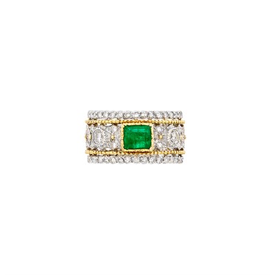 Lot 389 - Two-Color Gold, Emerald and Diamond Band Ring, Buccellati