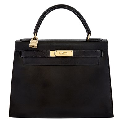 Lot 156 - Black Leather and Brass 30cm 'Kelly' Handbag, Hermès