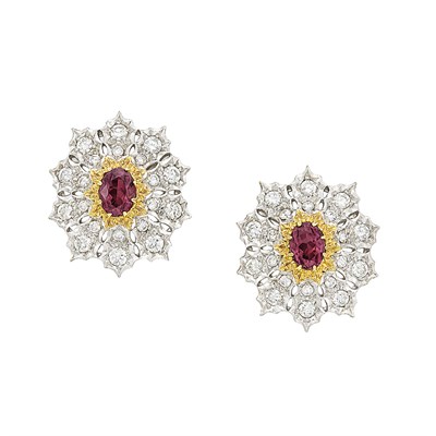 Lot 479 - Pair of Two-Color Gold, Pink Tourmaline and Diamond Earclips, Gianmaria Buccellati