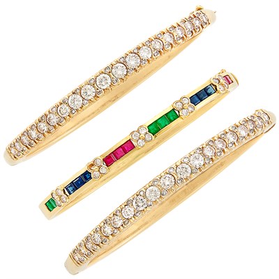 Lot 314 - Pair of Gold and Diamond Bangle Bracelets and Gold, Gem-Set and Diamond Bangle Bracelet