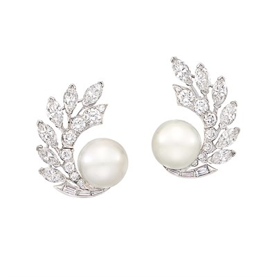 Lot 483 - Pair of Platinum, Cultured Pearl and Diamond Earrings, Van Cleef & Arpels