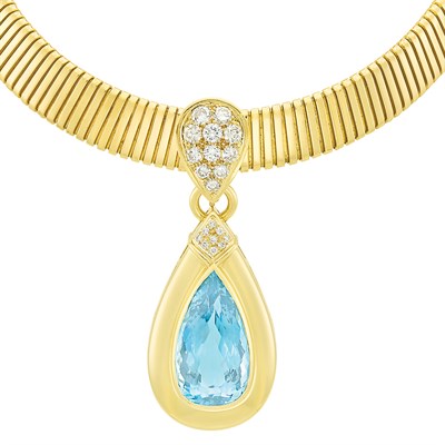 Lot 55 - Gold, Aquamarine and Diamond Pendant-Necklace