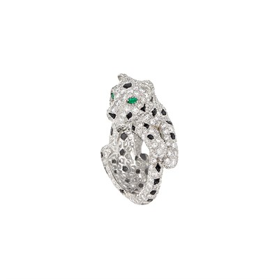Lot 107 - Platinum, Diamond, Black Onyx and Emerald Leopard Ring, France