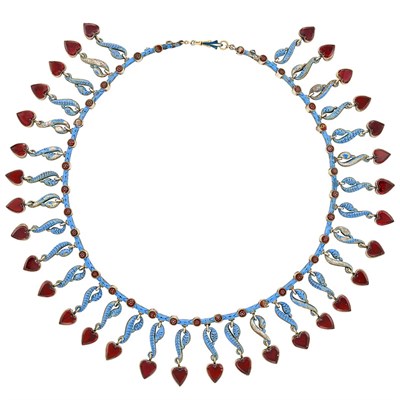 Lot 95 - Antique Silver, Enamel and Garnet Serpent Fringe Necklace