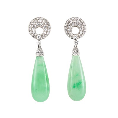 Lot 283 - Pair of Platinum, Jade and Diamond Pendant-Earclips