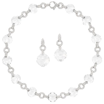 Lot 345 - White Gold, Rock Crystal and Diamond Necklace and Pair of Pendant-Earclips