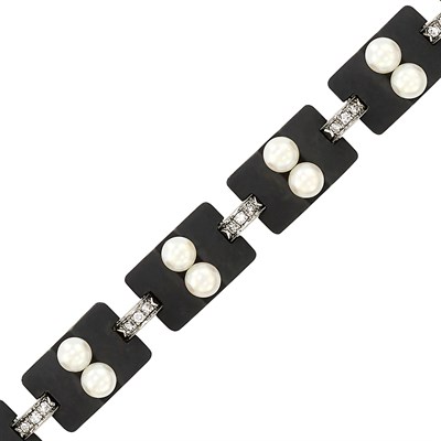 Lot 465 - Blackened Steel, White Gold, Cultured Pearl and Diamond Bracelet, by Marsh