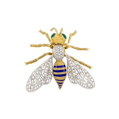 Lot 470 - Two-Color Gold, Diamond, Cabochon Emerald and Enamel Wasp Clip-Brooch, Buccellati