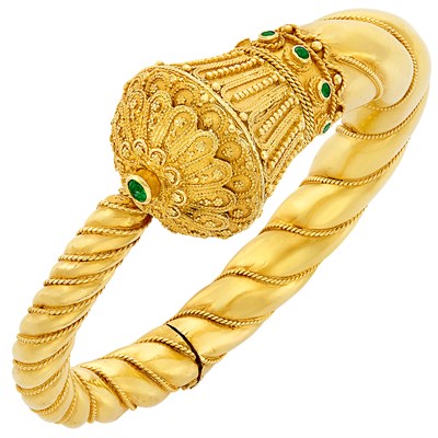 Lot 2 - High Karat Gold and Emerald Bangle Bracelet