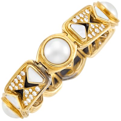 Lot 35 - Gold, Blackened Steel, Mabé Pearl, Mother-of-Pearl and Diamond Bangle Bracelet