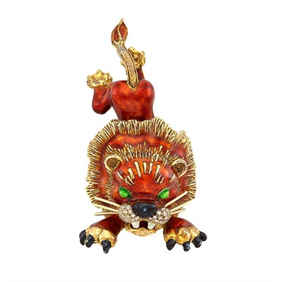Lot 186 - Gold, Enamel and Diamond Lion Clip-Brooch, Martine