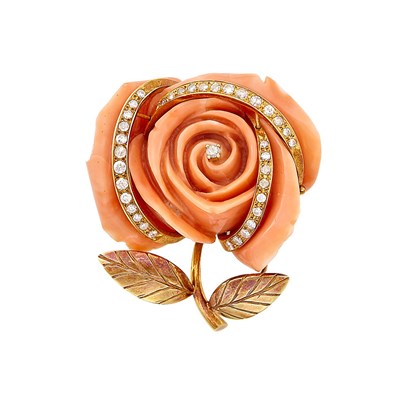 Lot 384 - Gold, Carved Coral and Diamond Rose Clip-Brooch