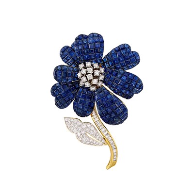 Lot 295 - Gold, Invisibly-Set Sapphire and Diamond Flower Brooch