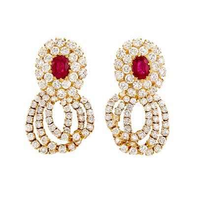 Lot 329 - Pair of Gold, Ruby and Diamond Pendant-Earclips