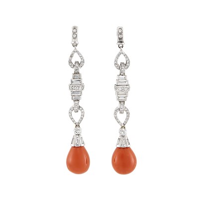 Lot 466 - Pair of White Gold, Diamond and Coral Pendant-Earrings