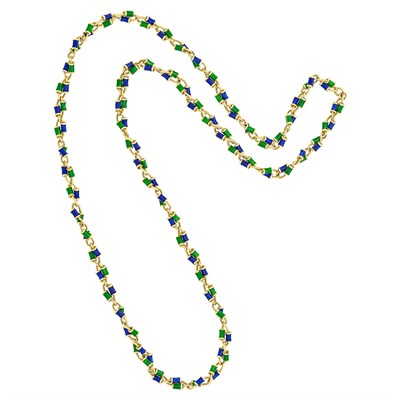 Lot 302 - Long Gold, Blue and Green Enamel Chain Necklace