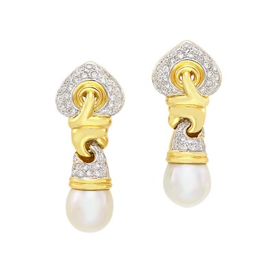 Lot 409 - Pair of Two-Color Gold, Diamond and Cultured Pearl Pendant-Earrings