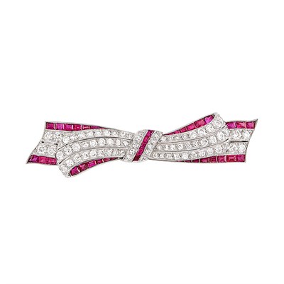 Lot 103 - Platinum, Diamond and Ruby Bow Brooch