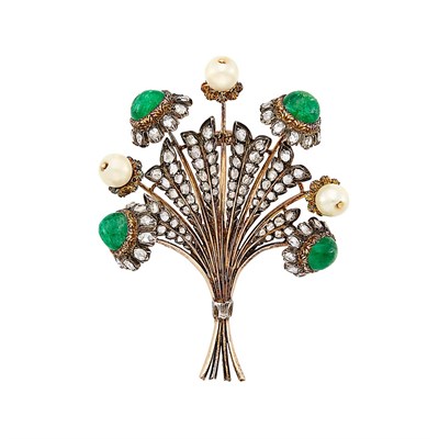 Lot 391 - Gold, Silver, Cabochon Emerald, Cultured Pearl and Diamond Bouquet Brooch, Buccellati