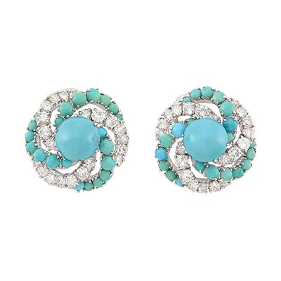 Lot 350 - Pair of Platinum, Turquoise and Diamond Earclips