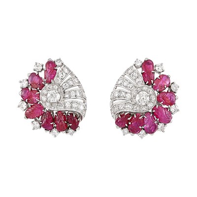 Lot 255 - Pair of Platinum, Carved Ruby and Diamond Earclips