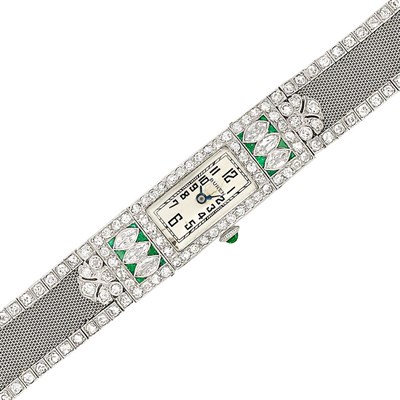 Lot 270 - Platinum, Diamond and Emerald Mesh Wristwatch
