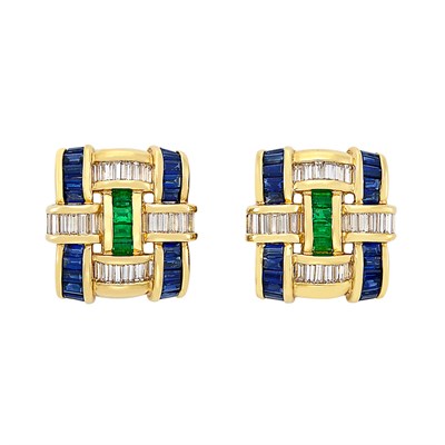 Lot 311 - Pair of Gold, Sapphire, Emerald and Diamond Earclips, Charles Krypell
