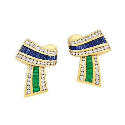 Lot 315 - Pair of Gold, Emerald, Sapphire and Diamond Earclips, Charles Krypell
