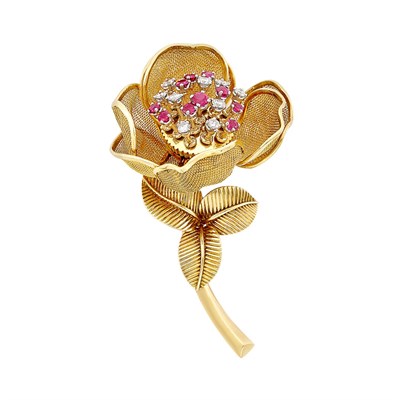Lot 322 - Gold, Diamond and Ruby Mesh 'En Tremblant' Flower Clip-Brooch, France