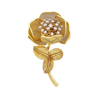 Lot 321 - Gold and Diamond Mesh 'En Tremblant' Flower Clip-Brooch, France