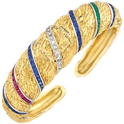 Lot 240 - Gold, Platinum, Steel, Diamond and Colored Stone Bangle-Watch