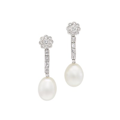 Lot 346 - Pair of Platinum, Diamond and Cultured Pearl Pendant-Earrings