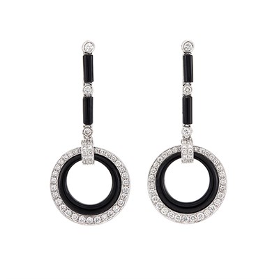 Lot 104 - Pair of White Gold, Diamond and Black Onyx Pendant-Earrings
