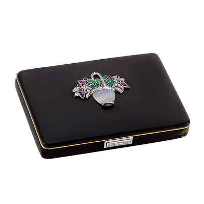 Lot 259 - Gold, Platinum, Black Enamel, Carved Moonstone, Diamond and Colored Stone 'Tutti Frutti' Vanity, France