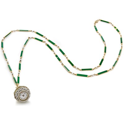 Lot 215 - Belle Époque Gold, Platinum, Enamel, Diamond and Emerald Pendant-Watch with Gold, Enamel and Pearl Chain