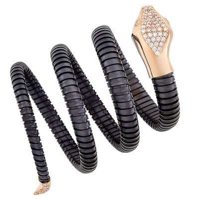 Lot 164 - Blackened Titanium, Rose Gold and Diamond Snake Bracelet