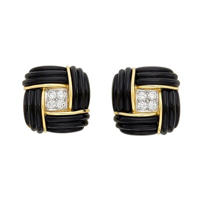 Lot 444 - Pair of Gold, Carved Black Onyx and Diamond Earclips
