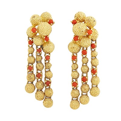 Lot 22 - Pair of Gold and Coral Pendant-Earrings, Cartier