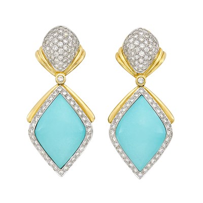Lot 402 - Pair of Two-Color Gold, Turquoise and Diamond Pendant-Earrings