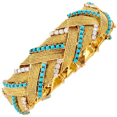 Lot 375 - Gold, Turquoise and Diamond Bracelet